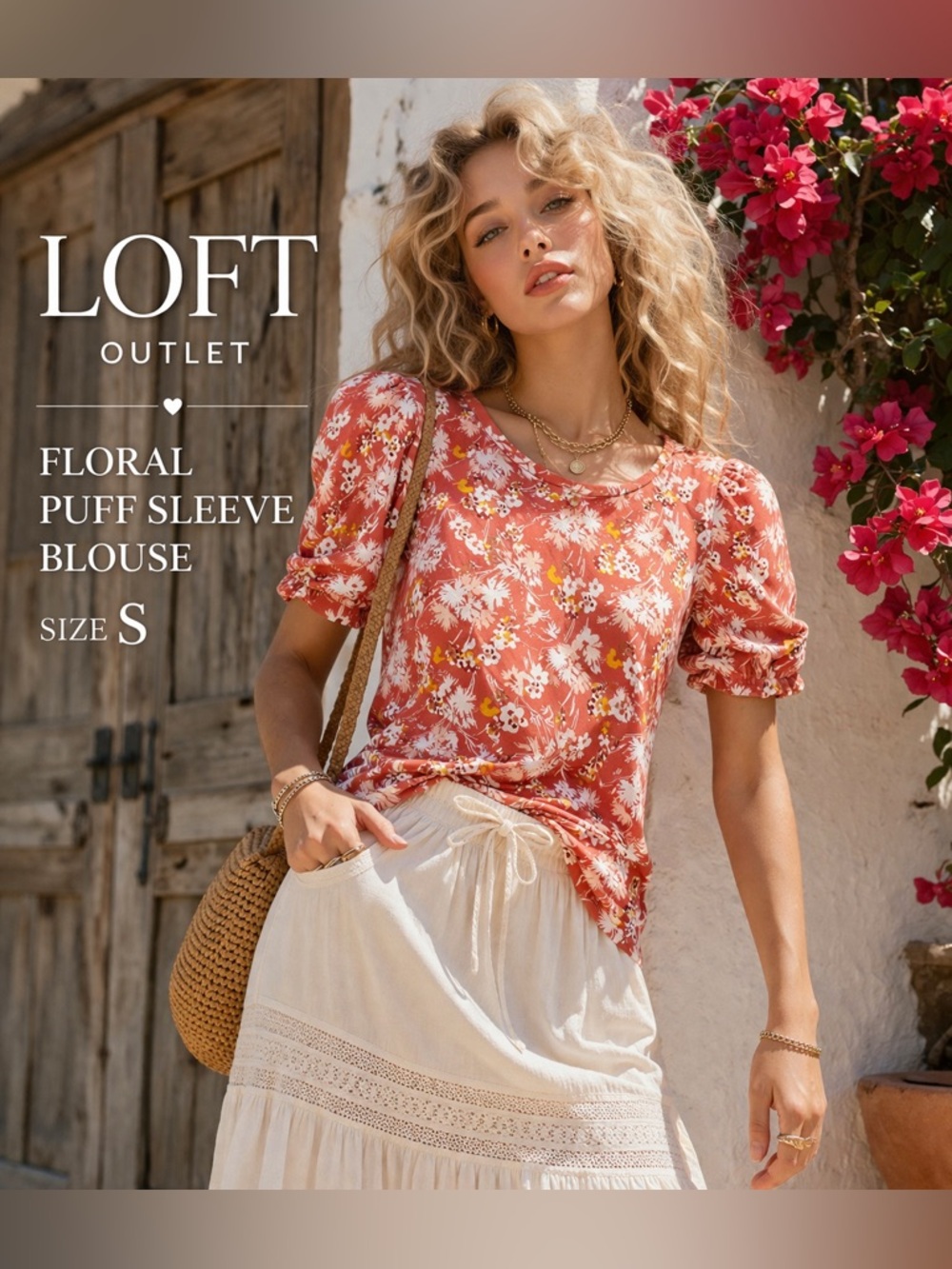 LOFT Floral Puff Sleeve Top Coral Blouse Summer Tee Size S